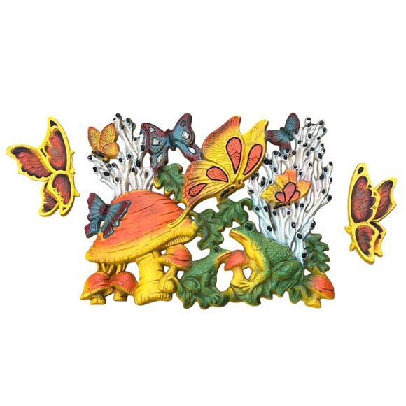 Vtg Homco 3D Mushrooms Frogs Butterflies Wall Decor 18" Psychedelic Retro 1970s - Picture 1 of 16